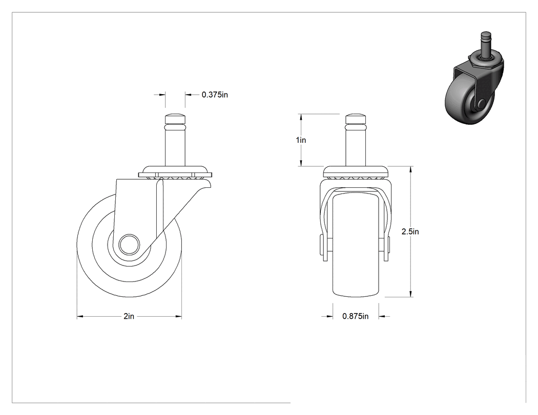 Teknik Çizim - Tutuş Halkalı Sürtünmeli Tutuşlu Saplı Tekerlek, 2" Çapında x 7/8" Genişliğinde 75A Kauçuk Tekerlekli Döner Ayak