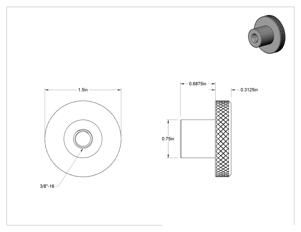 Teknik Çizim - Siyah Oksit Çelik Tırtıllı Tutma Düğmesi, 3/8"-16 Dişli Delikli, 1-1/2" Başlık Çapı