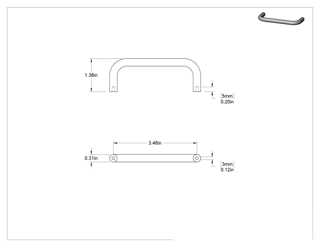 Teknik Çizim - Kaynaklı Montajlı Çekme Kolu, 304 Paslanmaz Çelik, 3-7/16" Genişlik, 1-3/8" Çıkıntı