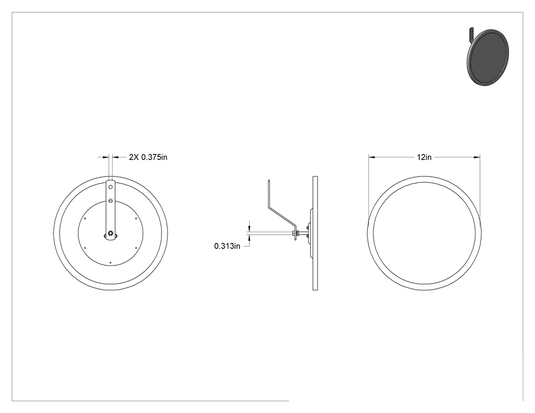 Teknik Çizim - Güvenlik Aynası, Sert Ahşap Destekli Cam, Dış Mekanlarda Kullanım için, 12" Çap
