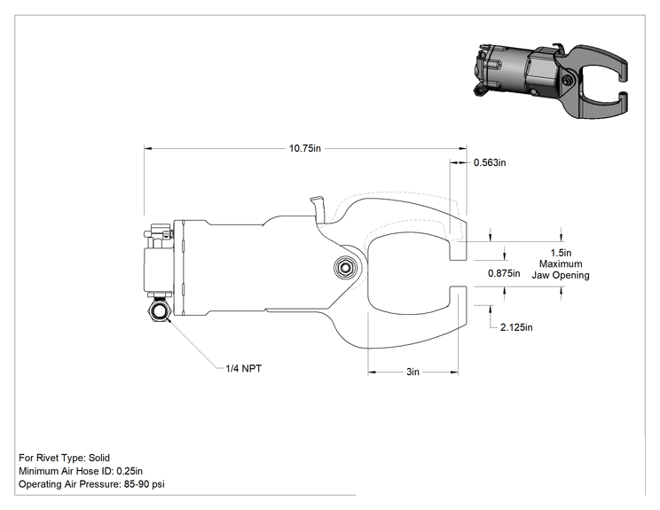 Teknik Çizim - Masif Perçinler için Pnömatik Sıkma Aleti, Timsah Çenesi, 3" Derinliğinde Boğaz, 1-1/2" Maksimum Açıklık