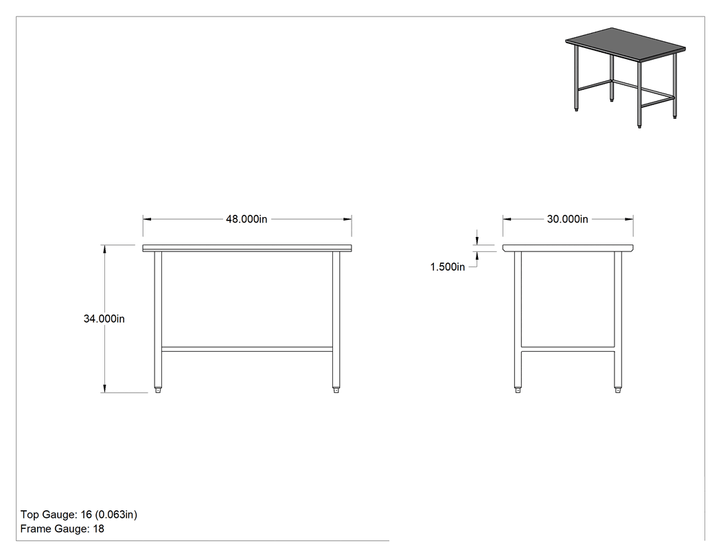 Teknik Çizim - Paslanmaz Çelik Masa, Sabit, 34" Yükseklik x 48" Genişlik x 30" Derinlik