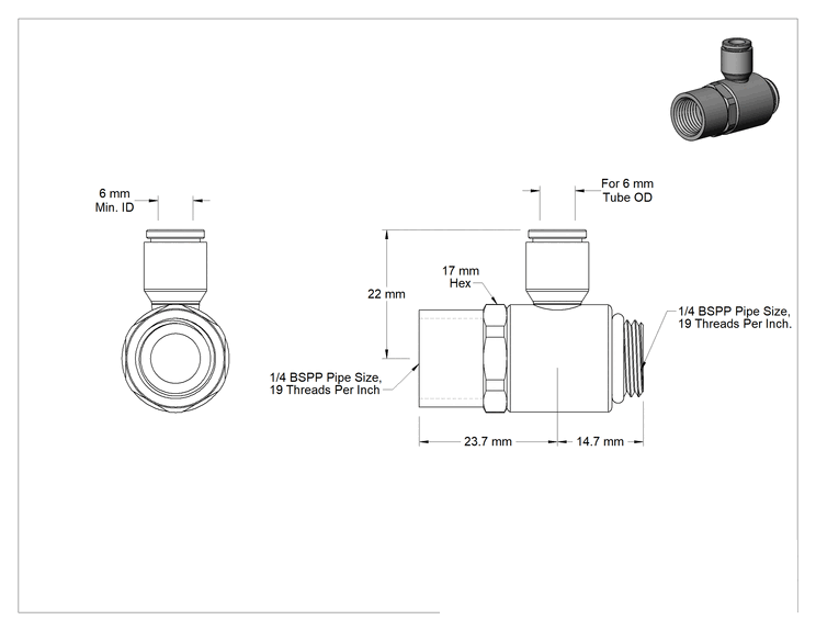 Teknik Çizim - Hava için Bas-Bağlan Boru Bağlantı Parçası, Çift T Adaptörü, 6 mm Boru Dış Çapı x 1/4 BSPP
