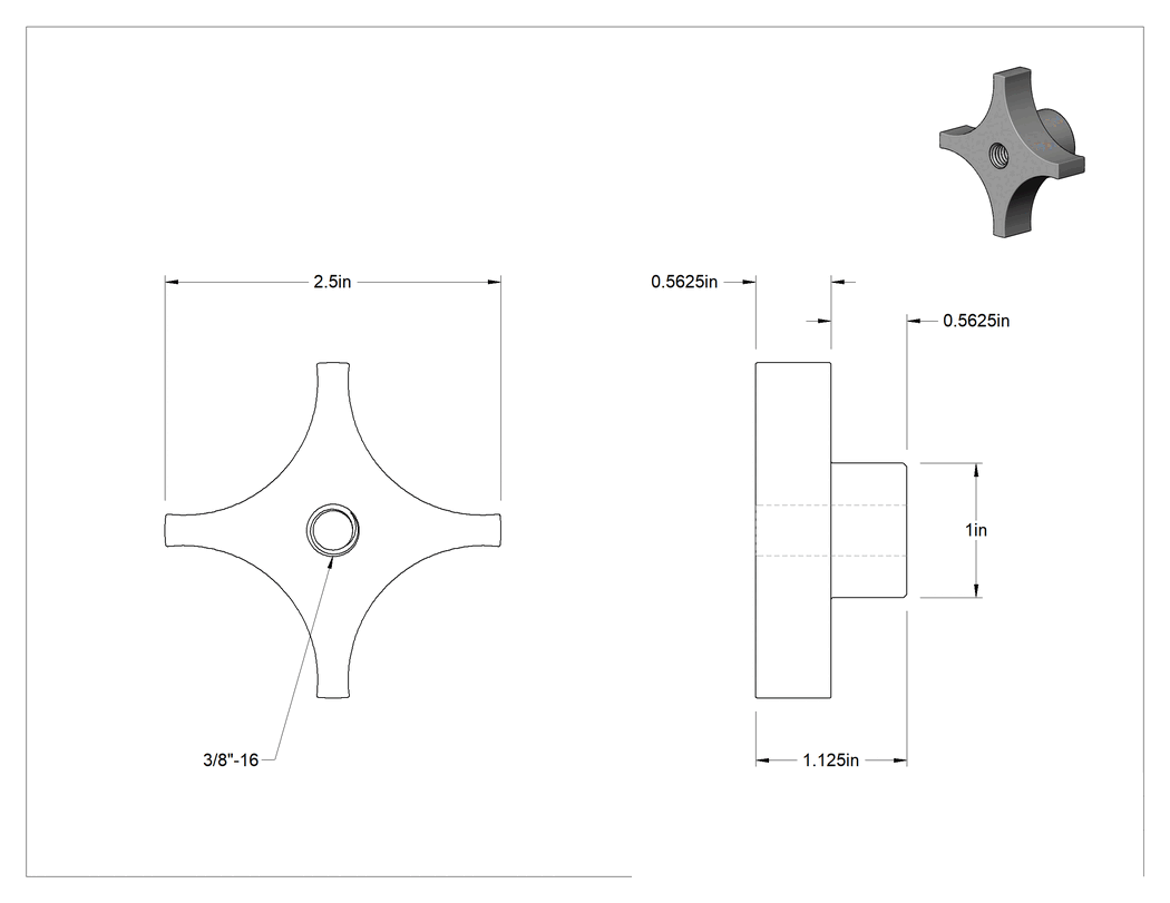 Teknik Çizim - Siyah Oksit Çelik Dört Kollu Topuz, 3/8"-16 Dişli Delikli