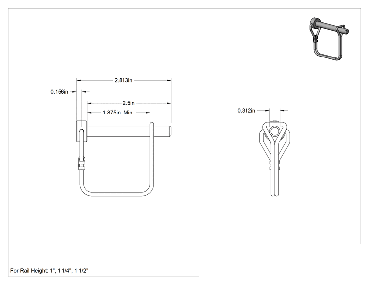Teknik Çizim - 1" için Kilitleme Pimi, 1-1/4", 1-1/2", 1-5/8" Yükseklikte Çelik Cıvatalı Çerçeve Rayı