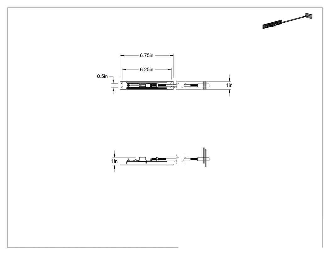 Teknik Çizim - Zorlamaya Dayanıklı Gömme Sürgü Kilidi, Parlak Pirinç, 6-3/4" Uzunluk x 1" Genişlik Montaj Plakası