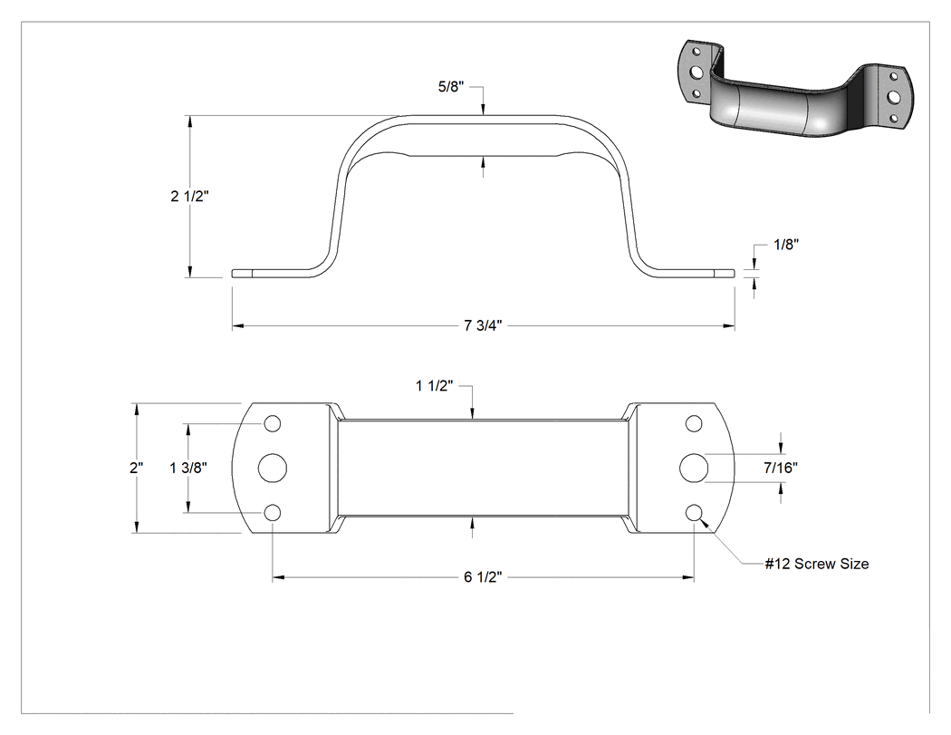 Teknik Çizim - Dişsiz Delikli Dikdörtgen Çekme Kolu, Mat Çelik, 6-1/2" Merkezden Merkeze Genişlik