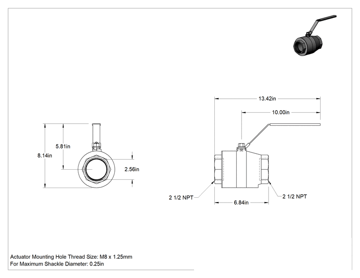 Teknik Çizim - 316 Paslanmaz Çelik Kolay Bakımlı Açma/Kapama Valfi, Kilitlenebilir Tutamaklı, PTFE Conta, 2-1/2 NPT Dişi