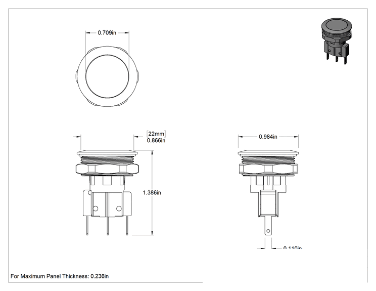 Teknik Çizim - Gömme Montajlı Panel Montajlı Basmalı Düğme Anahtarı, 22 mm panel çapı için