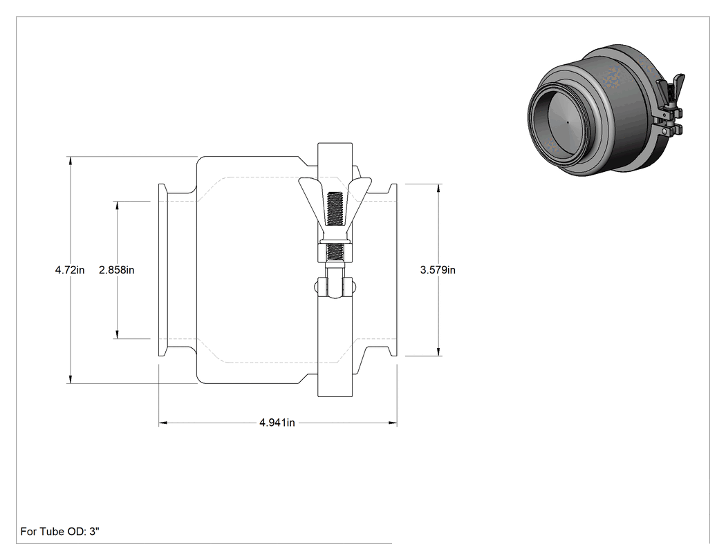 Teknik Çizim - Hızlı Kelepçeli Bağlantı Parçalı Çekvalf, PTFE Conta, 3" Dış Çaplı Boru