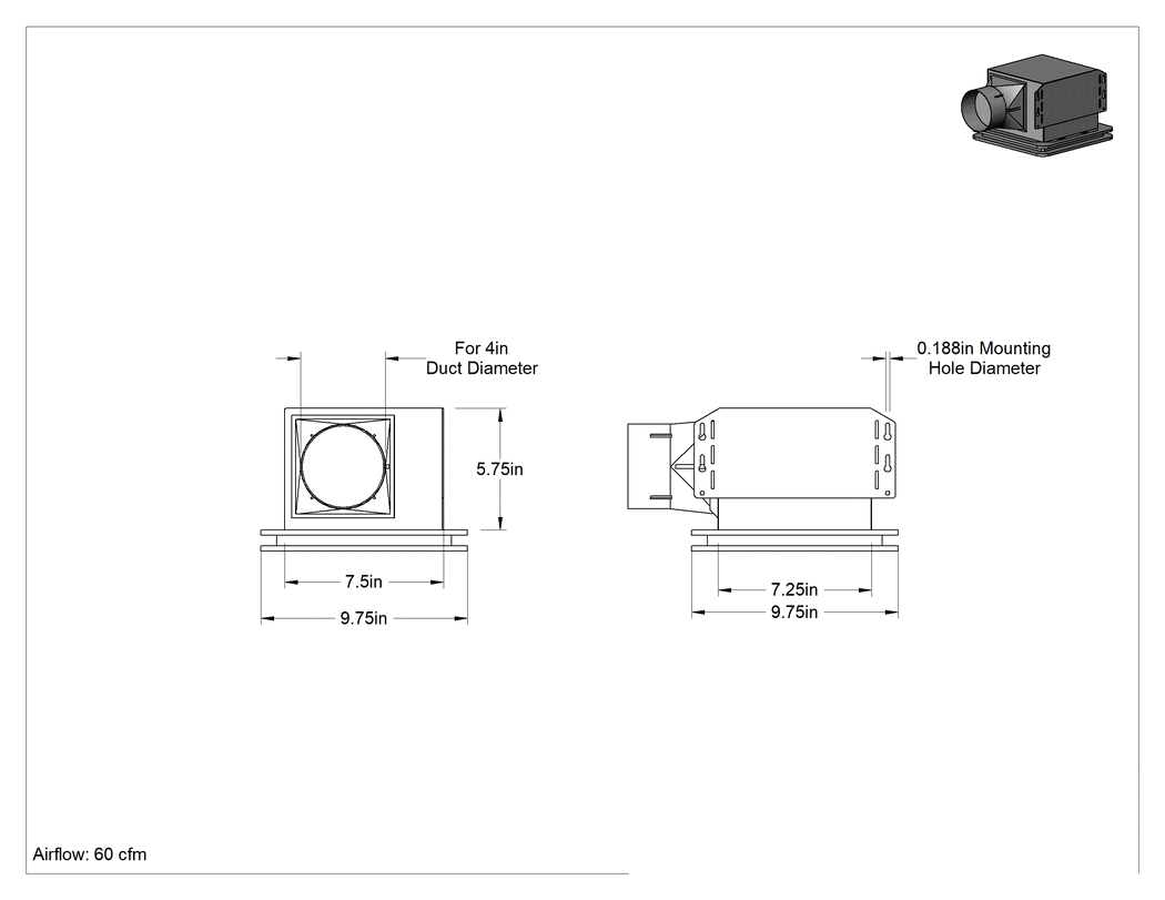 Teknik Çizim - Tavana Monte Lavabo Egzoz Fanı, Yuvarlak Kanal için, 60 CFM Hava Akışı