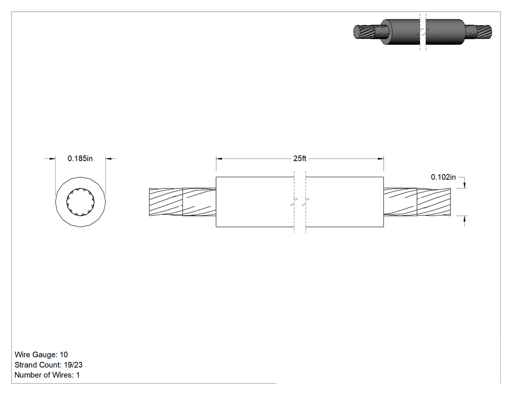 Teknik Çizim - Sxl Araç Teli, 10 AWG, 25 Fit Uzunluk