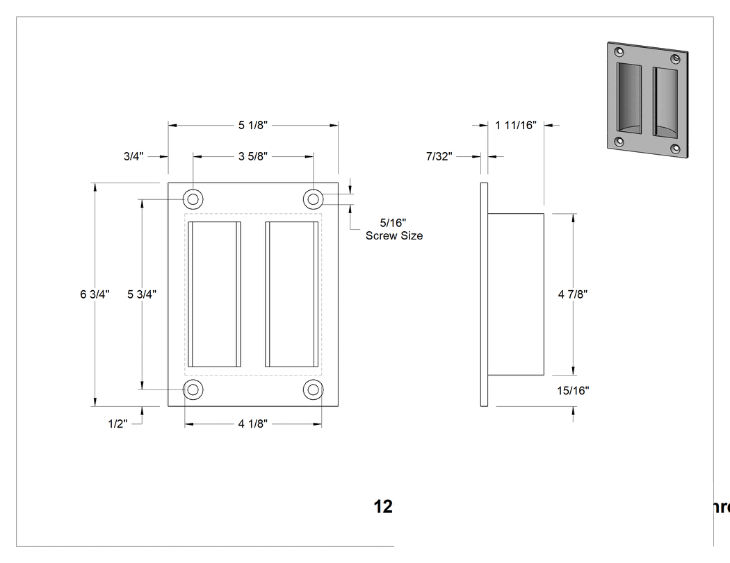 Teknik Çizim - Dişsiz Delikli Gömme Çekme Kolu, Kahverengi Toz Boyalı Demir, 6-3/4" Yükseklik x 5-1/8" Genişlik