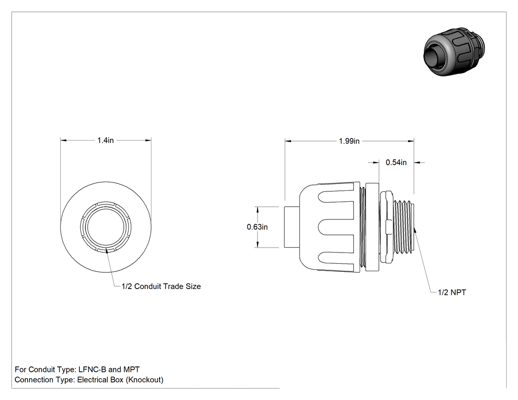 Teknik Çizim - Sıvı Geçirmez Esnek Plastik Kanal Adaptörü, Düz, 1/2 Geçmeli Dişi x 1/2 NPT Erkek, Siyah