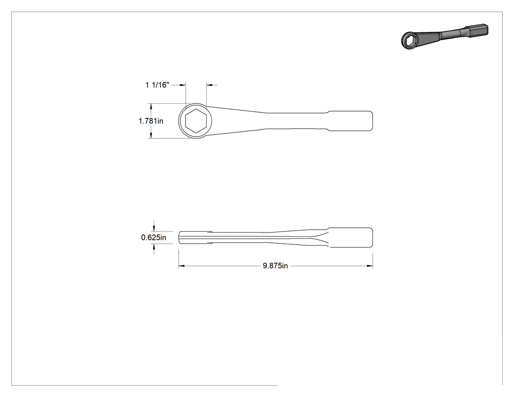 Teknik Çizim - 6 Uçlu Açma Vurmalı Kutu Anahtarı, 1-1/16" Boyut, 9-7/8" Toplam Uzunluk