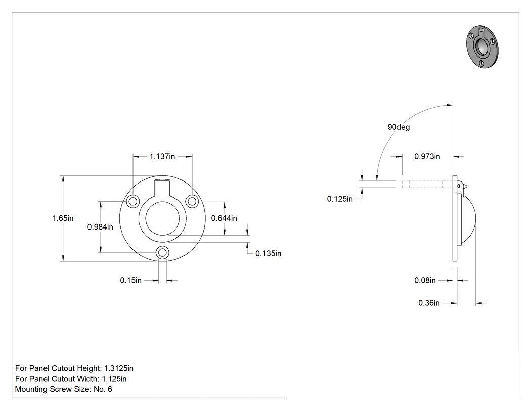 Teknik Çizim - Montaj Plakalı Gömme Katlanır Çekme Kolu, Oval Tutamak, Pirinç, 9/16" Genişlikte Tutamak, 1-1/16" Çıkıntı