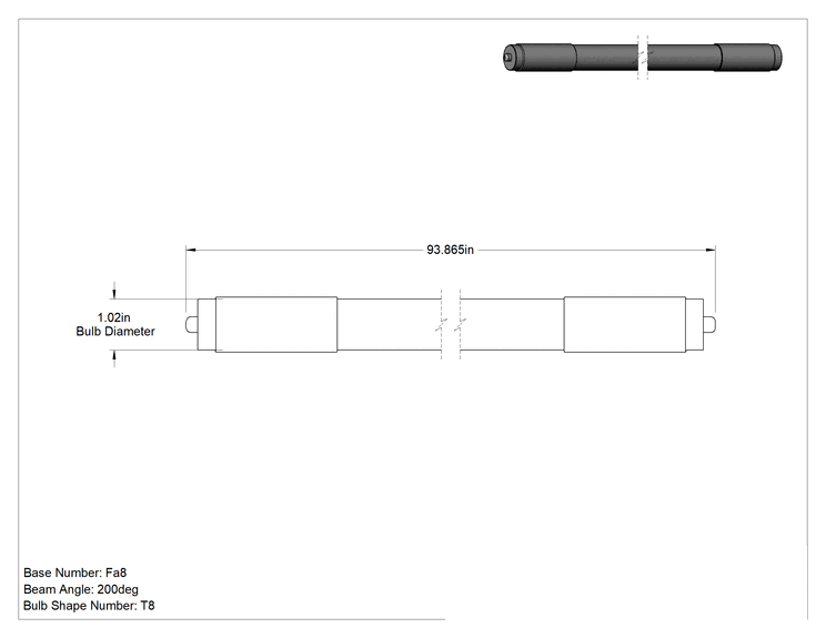 Teknik Çizim - Tek Pimli Tabanlı Tüp Ampuller, LED, T8 ve T12, 96 inç Toplam Uzunluk, 75W Eşdeğer Floresan
