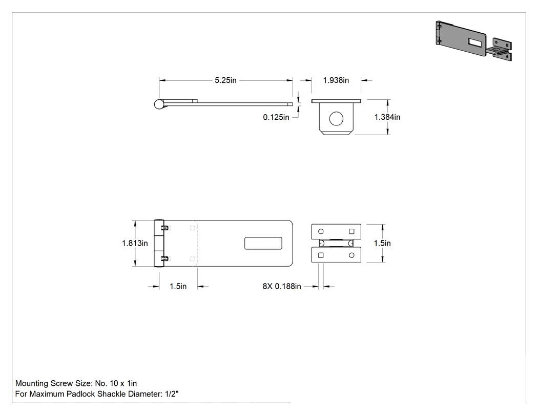 Teknik Çizim - Asma Kilitli Mandal, 5-1/4" x 1-13/16" x 1/8" Kollu, Çinko Kaplı Çelik