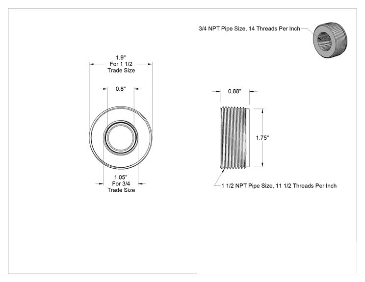 Teknik Çizim - Sert Alüminyum Kanal için 1-1/2 NPT Erkek x 3/4 NPT Dişi Burç