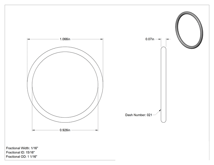 Teknik Çizim - Kolay Takılan Yağa Dayanıklı Buna-N O-Ringler, PTFE Kaplı, 1/16 Kesirli Genişlik, Dash Numarası 021