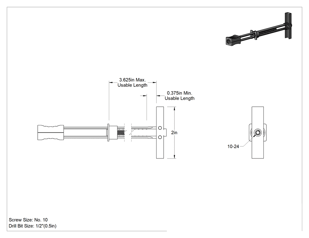 Teknik Çizim - Alçıpan için Yüksek Mukavemetli Kelebek Dübel, Çinko Kaplama, 10-24 Diş, 3/8"-3-5/8" Uzunluk, Havşa Başlık