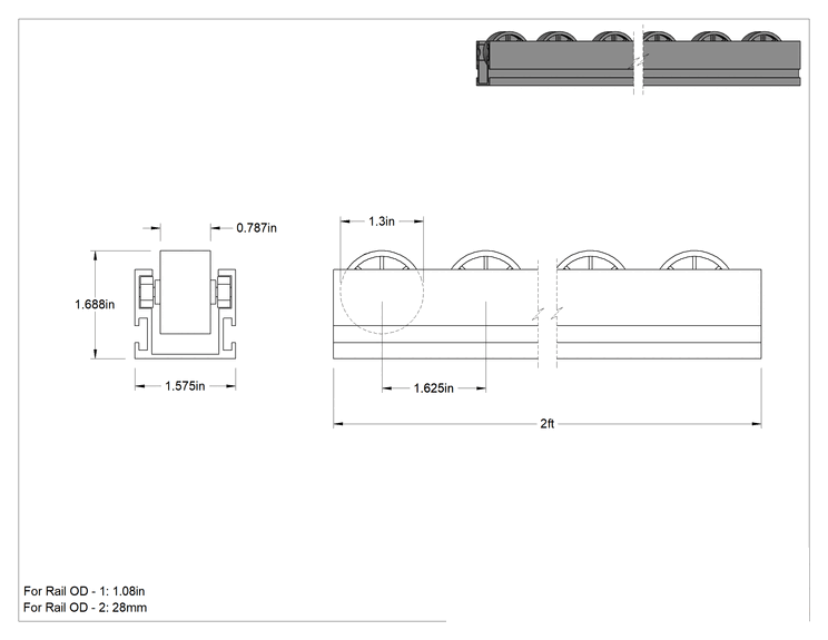 Teknik Çizim - 1-9/16" Toplam Genişlik x 2 Fit Uzunlukta, Kelepçeli Çerçeve Rayı için Konveyör Rayı