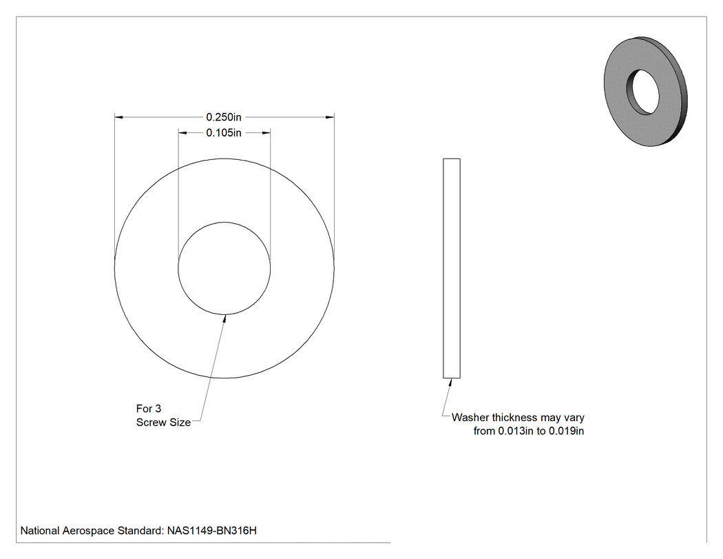 Teknik Çizim - Pirinç Mil. Spes. Pul, 3 Numaralı Vida için, 0.105" İç Çap, 0.25" Dış Çap, 0.013"-0.019" Kalınlık