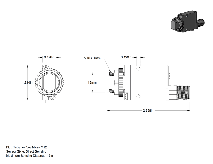 Teknik Çizim - Yerden Tasarruf Sağlayan Fotoelektrik Anahtar, 4 Kutuplu Mikro M12 Konektör, Doğrudan Algılama, PNP/NPN