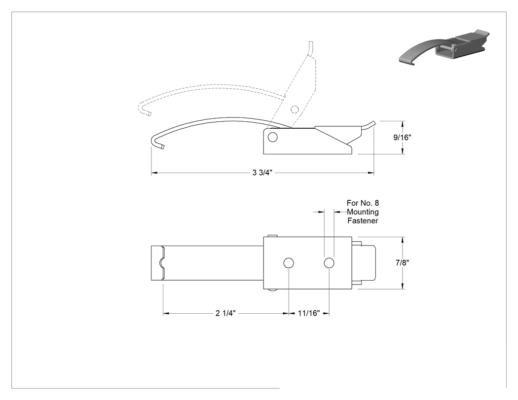Teknik Çizim - Çakmasız Çekme Mandalı, Siyah Toz Boyalı Çelik, 3-3/4" Uzunluk x 7/8" Genişlik Toplam