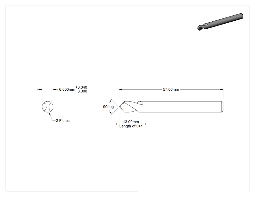 Teknik Çizim - Kaplamasız Kobalt Çelik Matkap/Frez Parmak Frez, 2 Yiv, 6 mm Freze Çapı