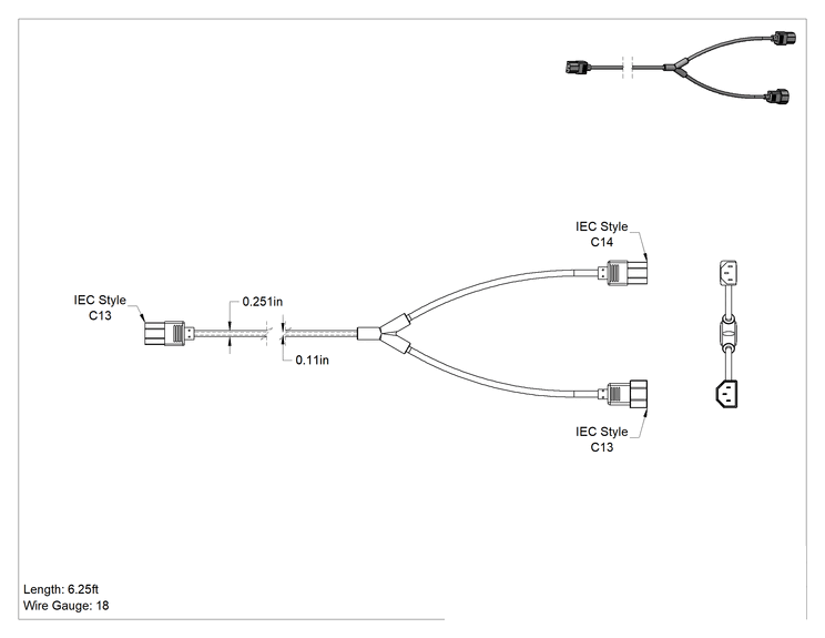 Teknik Çizim - Elektronik Ekipman Kablo Ayırıcı, IEC C13 Priz x IEC C14 Fiş ve IEC C13 Priz, SVT, 6' Uzunluk