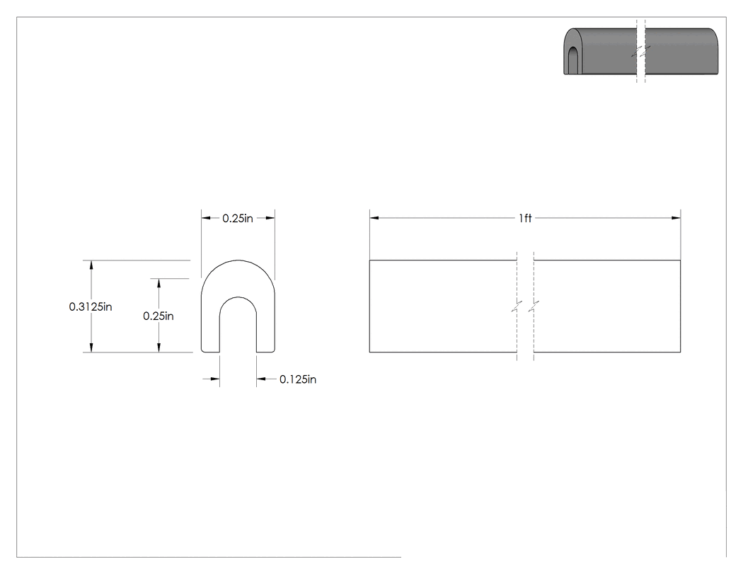 Teknik Çizim - Neopren Kauçuk Kenar Çıtası, 1/8" Genişlik x 1/4" İç Yükseklik