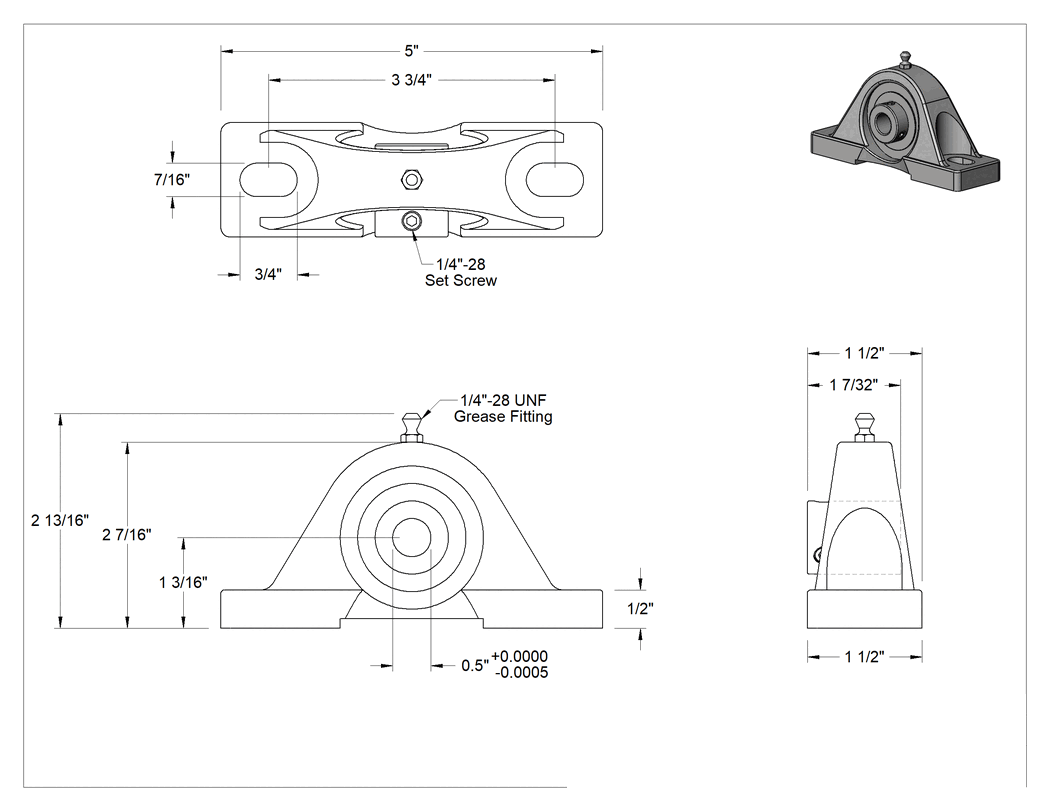 Teknik Çizim - Yüksek Sıcaklık Montajlı Bilyalı Rulman, Sentetik Gresli, 1/2" Mil Çapı için