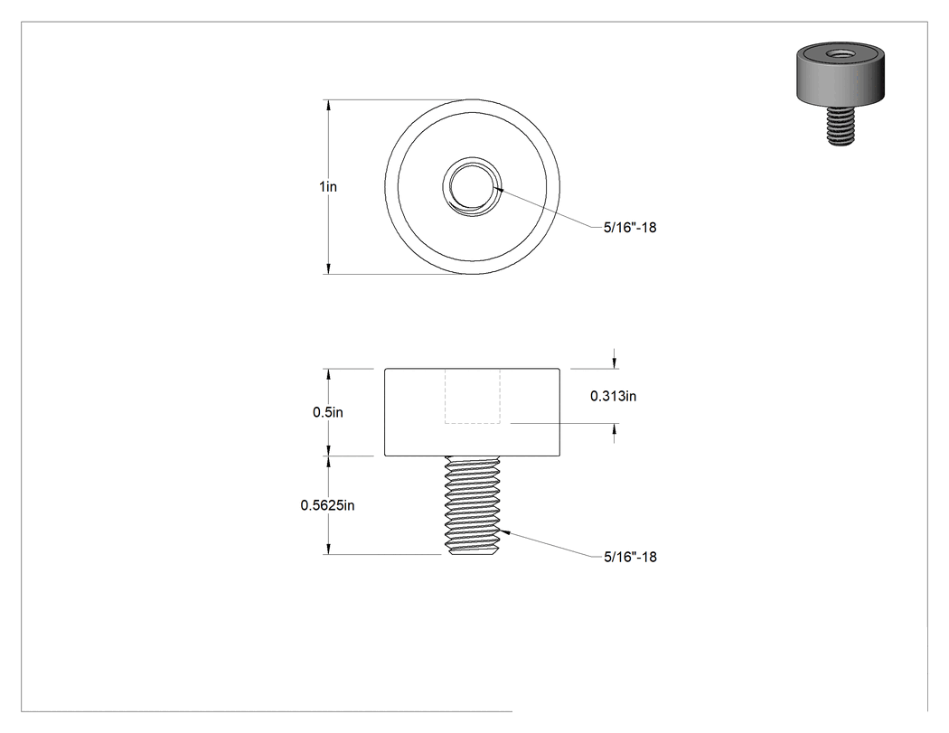 Teknik Çizim - Neopren Titreşim Sönümleyici Sandviç Montaj, 5/16"-18 Çinko Kaplı Çelik Saplama ve Çelik Ek Parçalı, 40 lb. Kapasite