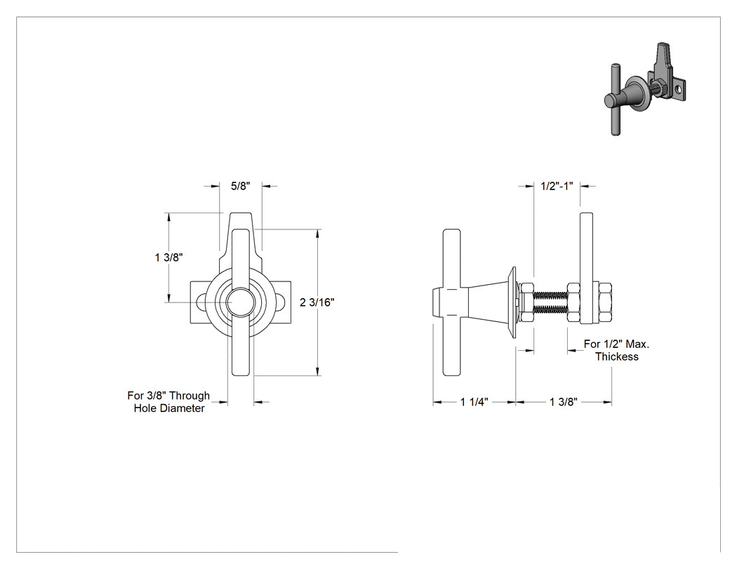 Teknik Çizim - T-Kollu Çok Noktalı Mandal, Çinko Kaplı Çelik, 1/2" Maksimum Kalınlık için, Düz Kamlı
