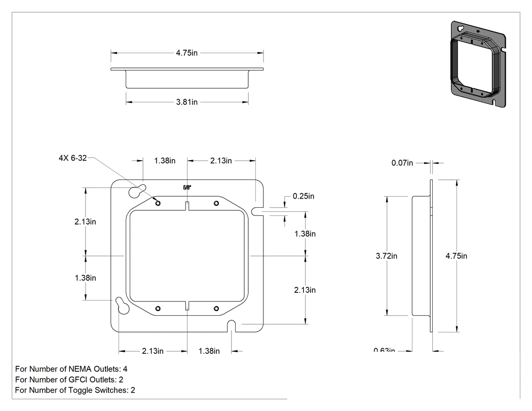 Teknik Çizim - 5/8" Derinlik 4-11/16" Yükseklik 2 NEMA için Kapak, GFCI veya Toggle Çelik Priz Kutusu