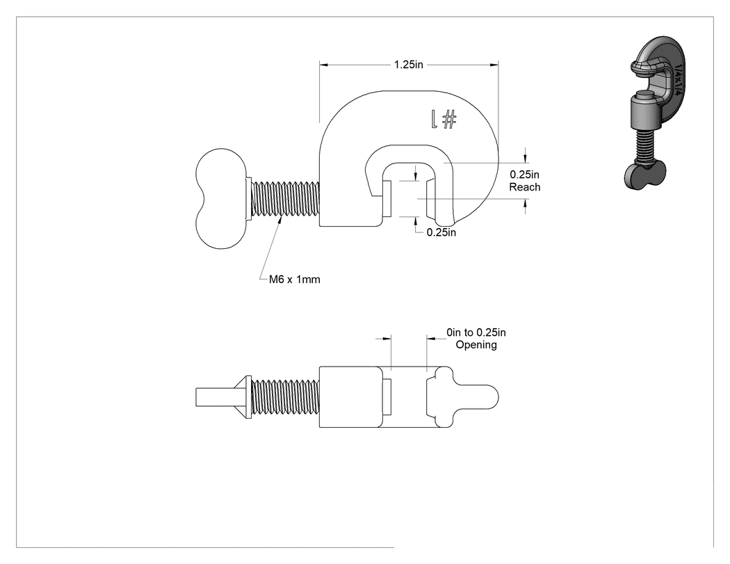 Teknik Çizim - Paslanma ve Aşınmaya Dayanıklı C-Kelepçe, Parmak Vidalı Tutamak, 0" - 1/4" Açıklık