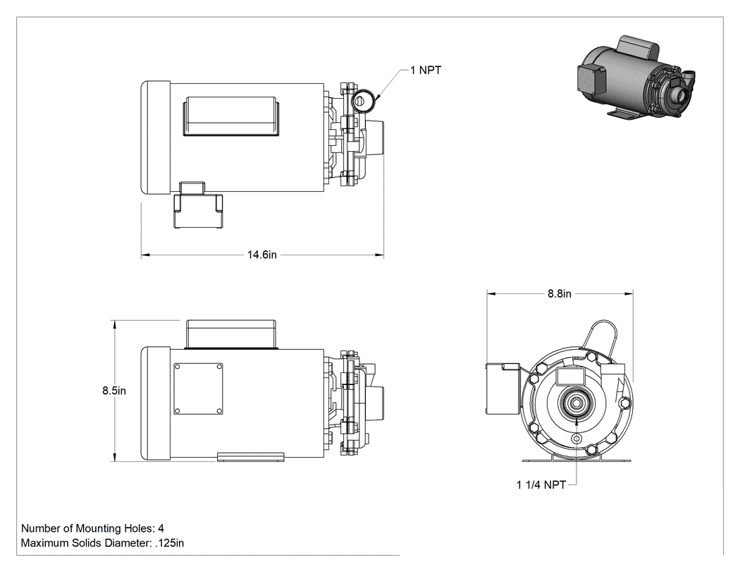 Teknik Çizim - Su ve Yağ Sirkülasyon Pompası, 208-240/460V AC, 2 hp