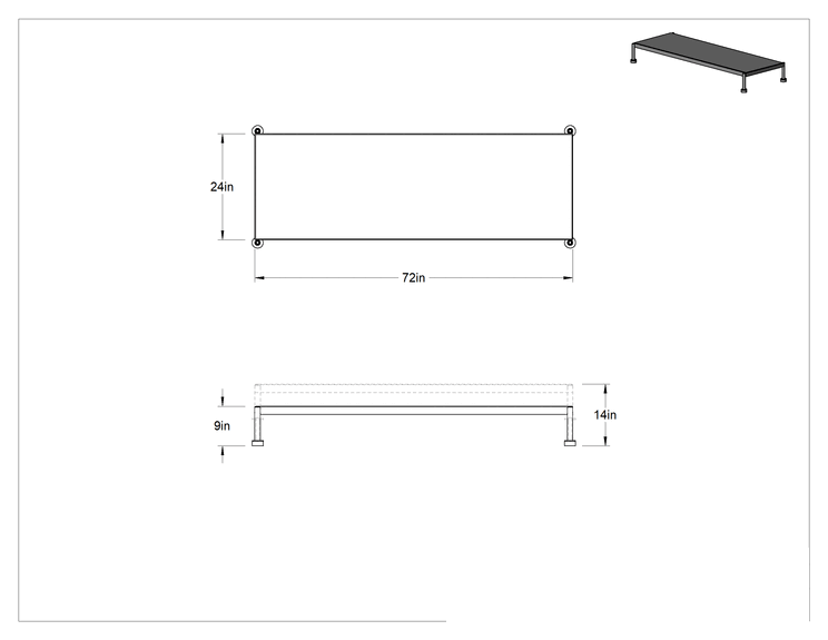 Teknik Çizim - Yorgunluk Önleyici Çalışma Platformu, 9"-14" Yükseklik x 72" Genişlik x 24" Derinlik Toplam