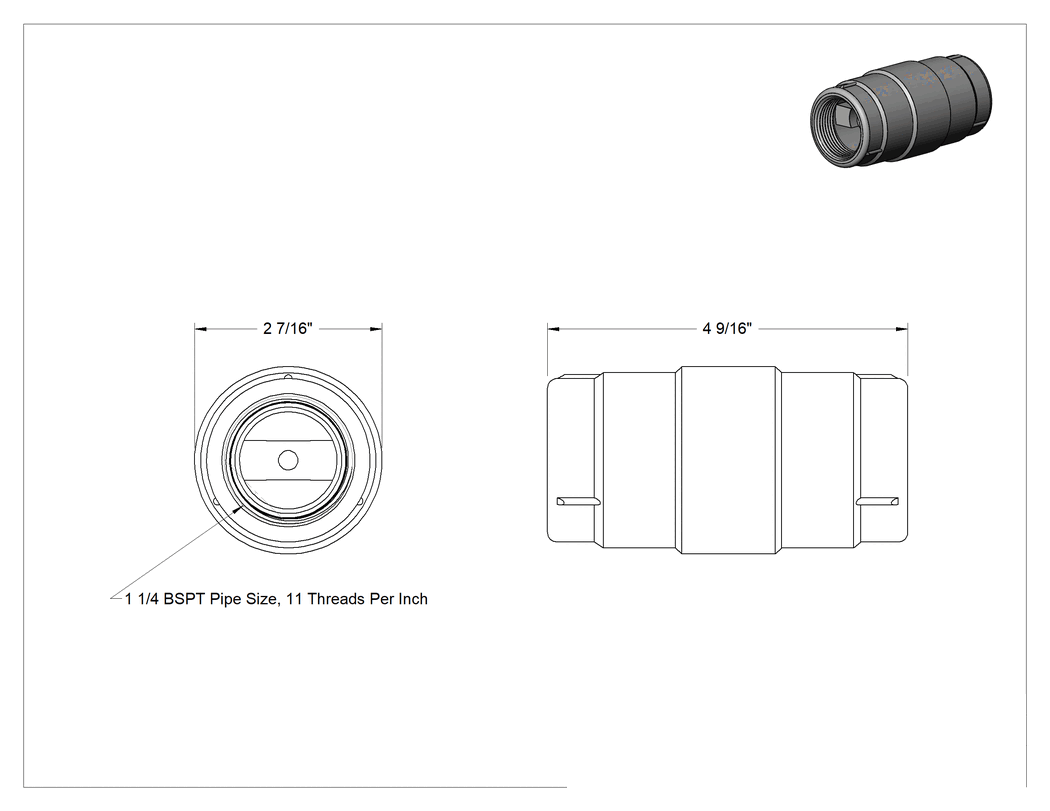 Teknik Çizim - Pirinç Dişli Çekvalf, 303 Paslanmaz Çelik Yaylı Piston, 1-1/4 BSPT Dişi