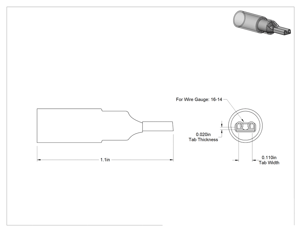 Teknik Çizim - Manşon Yalıtımlı Isıyla Daralan Faston Terminaller, Dişli, 16-14 AWG için, 0.110" Genişlik x 0.020" Kalınlık