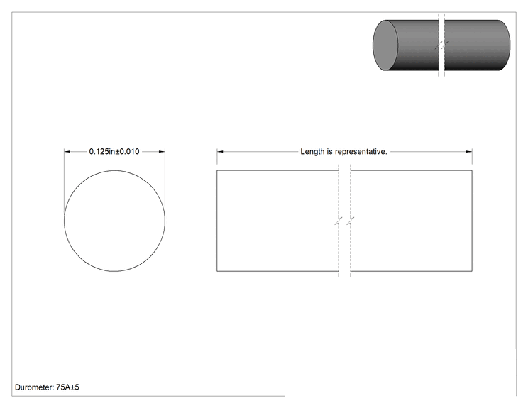 Teknik Çizim - Hava Koşullarına Dayanıklı EPDM Kauçuk Çubuk, İçme Suyuyla Kullanım için, İçecek ve Gıda, 1/8" Çap
