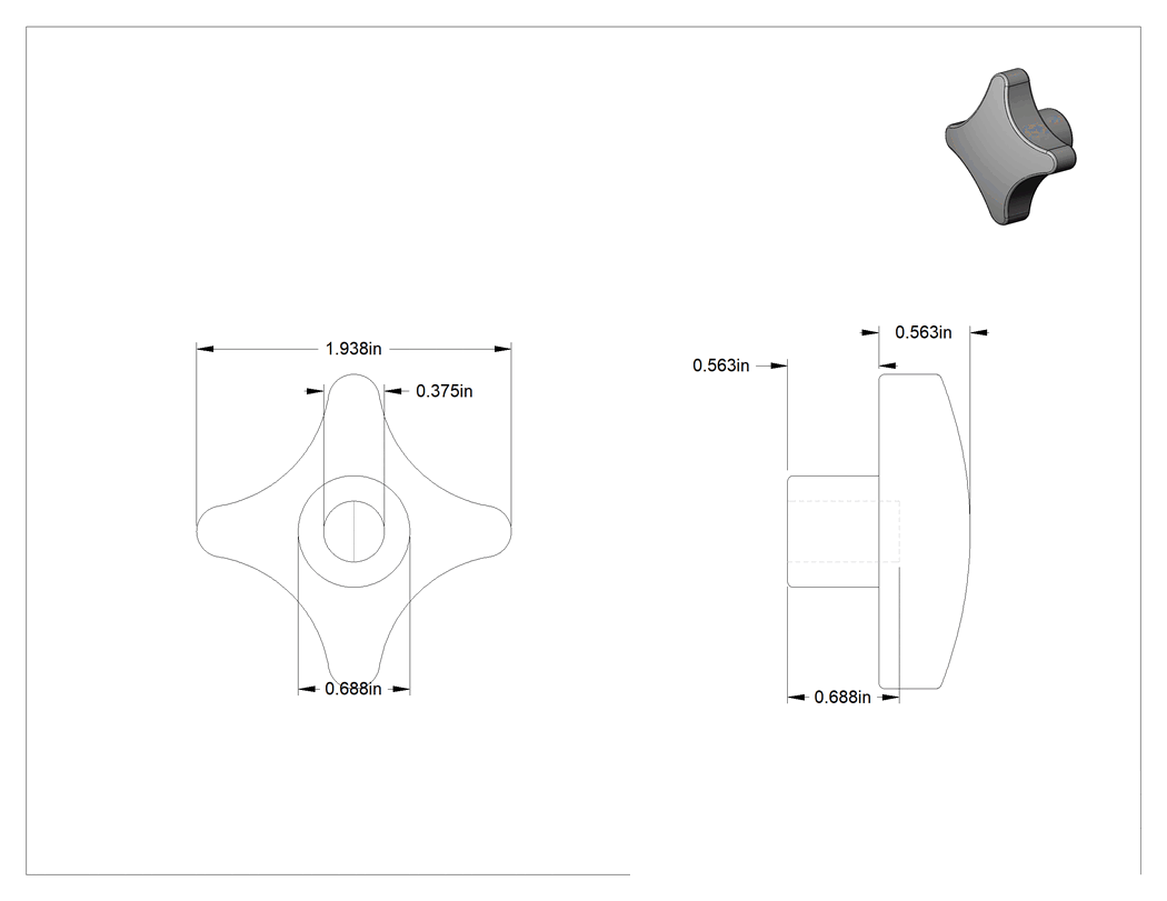 Teknik Çizim - Paslanmaz Çelik Dört Kollu Topuz, 3/8" Çaplı 11/16" Derinlikli Delik
