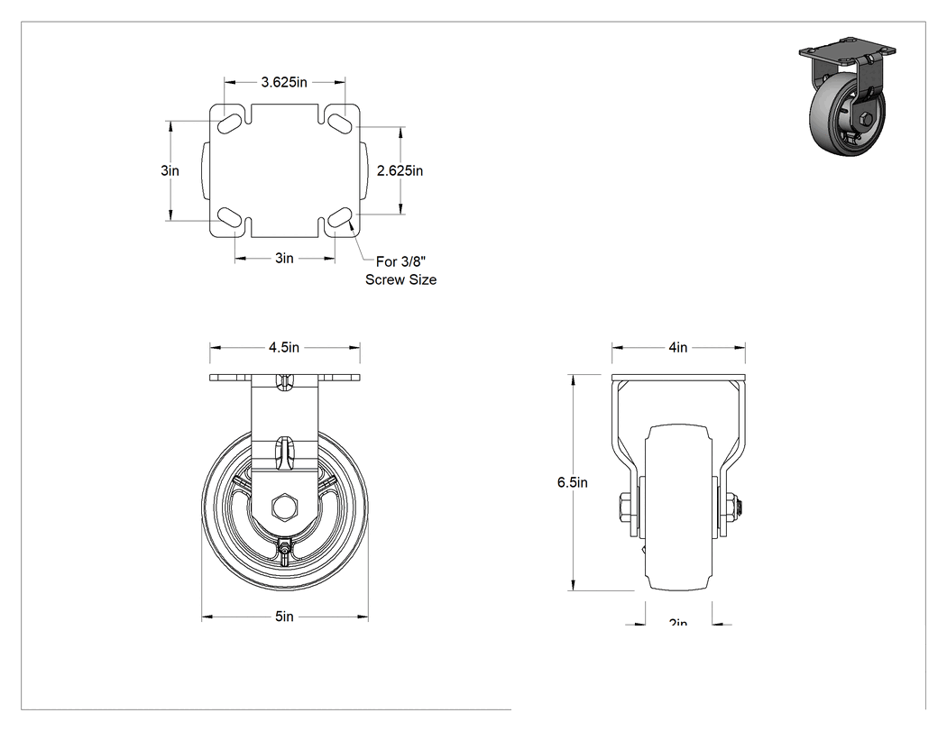 Teknik Çizim - Ekonomik Mauler Tekerlek, 4-1/2 inç x 4 inç montaj plakalı, Sabit, 5" Çaplı Kauçuk Tekerlek