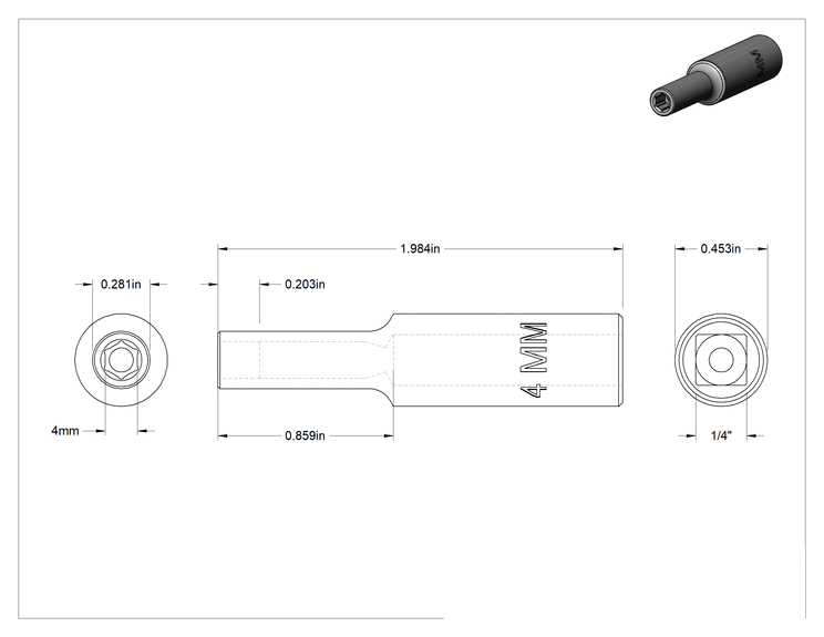 Teknik Çizim - 6 Uçlu Derin Soket, 1/4" Kare Tahrik, 4 mm Boyut