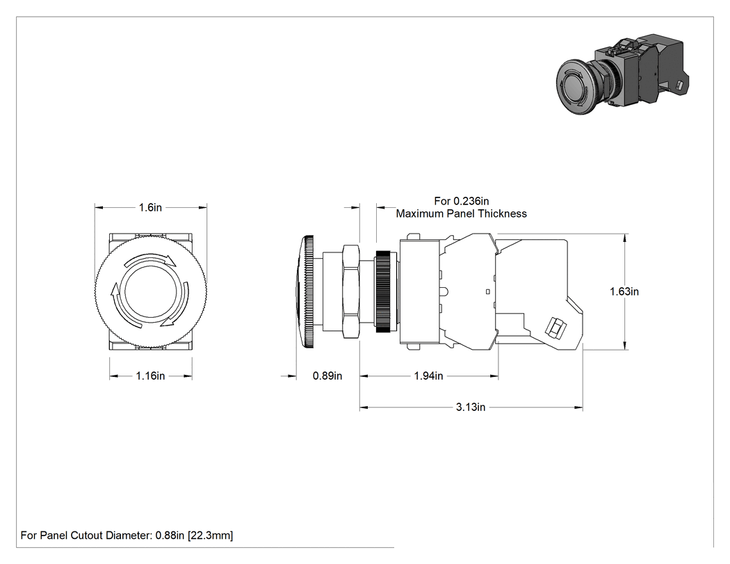Teknik Çizim - 22 mm Acil Durdurma Panel Montajlı Anahtar, Sürekli Aydınlatmalı, DPST-1NO/1NC, 120V AC Ampul