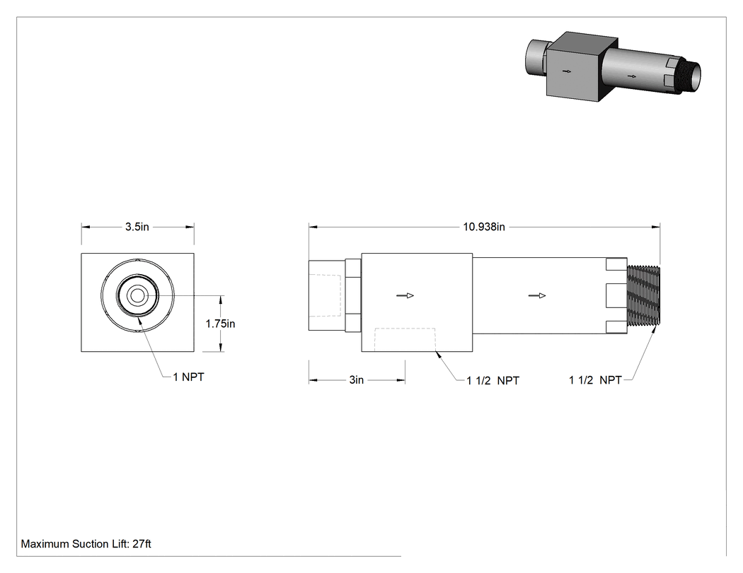 Teknik Çizim - Sıvı Tahrikli Jet Pompa, PVC, 5 Fit Yükseklikte 40 gpm Sıvı Emme