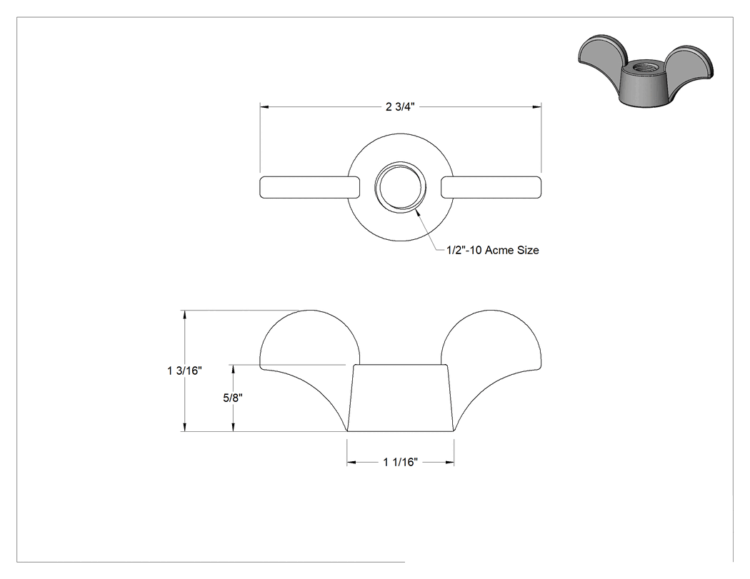 Teknik Çizim - Acme Parmak Somunu, Sağ Yönlü, 1/2"-10 Diş Boyutu