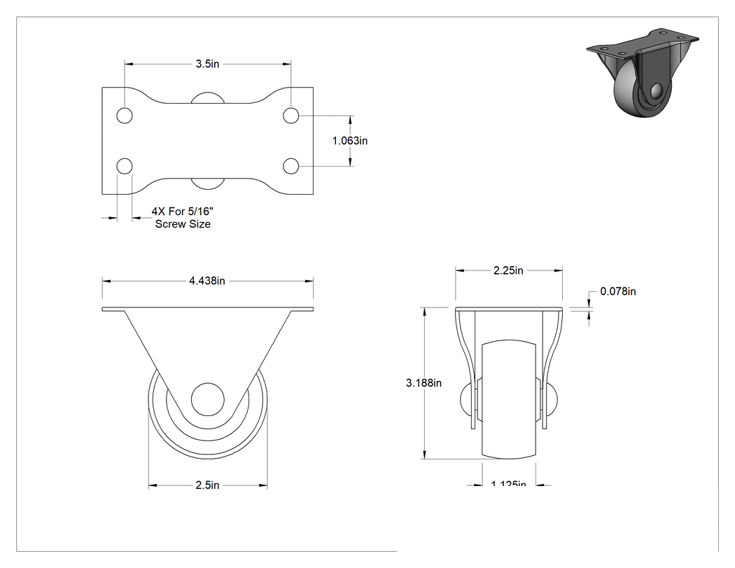 Teknik Çizim - Cart-Smart Tekerlek, 2-1/2" Çaplı 75D Durometre Kauçuk Tekerlekli Sert