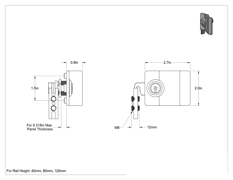 Teknik Çizim - T-Yivli Çerçeve, 40 mm Ray için Kulplu Ray-Panel Kam Kilidi, Sol Yönlü Montajı